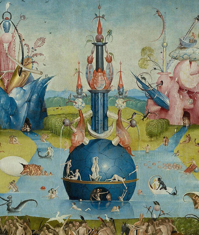 Ausschnitt: Hieronymus Bosch, Der Garten der Lüste (Innenseite), Öl auf Holz, etwa 1480-1490, 220 × 389 cm. Madrid, Museo del Prado.