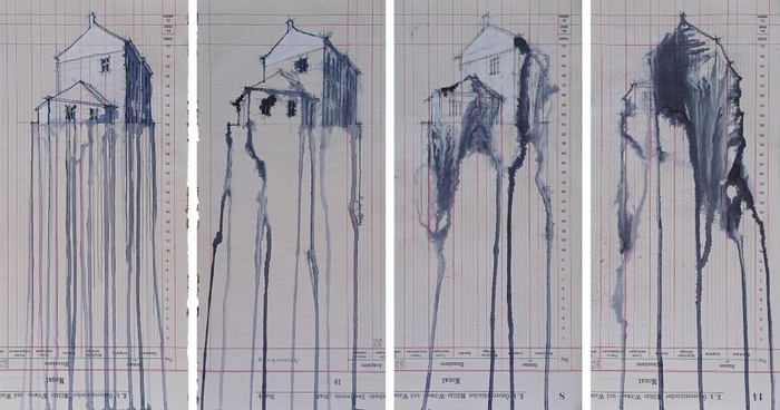 Pejkovic_FischergasseSeries. 
Auswahl aus der Serie Fischergasse. Graphit, Gouache, Aquarell und Tusche auf gefundenem Papier. Jeweils 40 × 18 cm.