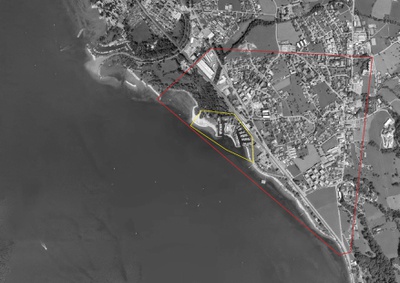 4 | Luftbild: Standort Lochau, Wettbewerbsparamater (gelb) und erweiterter Wettbewerbsparameter (rot)
