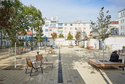 Johann-Nepomuk-Vogl-Platz in Wien mit Schwammstadtbäumen – © Foto: Johannes Hloch Johann-Nepomuk-Vogl-Platz in Wien mit Schwammstadtbäumen