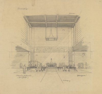 Ferdinand Schuster, Entwurfsskizze für den Altarraum der Pfarrkirche Kapfenberg Heilige Familie, Sammlung Ferdinand Schuster, Plänesammlung