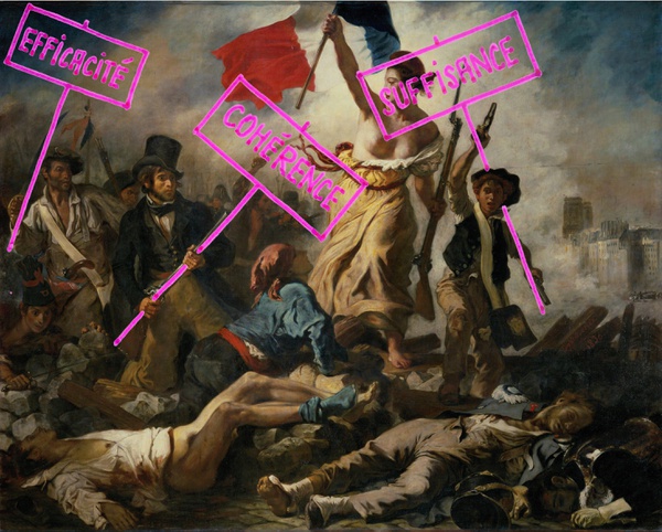 Demonstrant:innen, Überzeichnung des Gemäldes „La Liberté guidant le peuple“ von Eugène Delacroix, © SPLITTERWERK, 2024 Demonstrant:innen, Überzeichnung des Gemäldes „La Liberté guidant le peuple“ von Eugène Delacroix, © SPLITTERWERK, 2024
