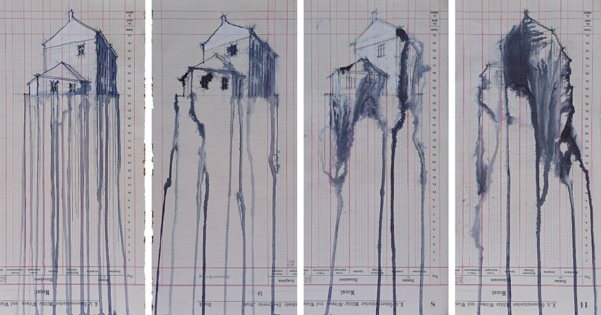 Pejkovic_FischergasseSeries. 
Auswahl aus der Serie Fischergasse. Graphit, Gouache, Aquarell und Tusche auf gefundenem Papier. Jeweils 40 × 18 cm.