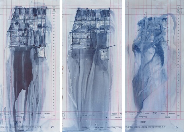 Pejkovic_StalagSeries. 
Auswahl aus der Serie „STALAG XVII B Krems-Gneixendorf: The Danube“. Kohlepapiertransfer, Gouache, Tusche, Flusswasser und Wind auf gefundenem Papier. Jeweils 40 × 18 cm.