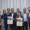 Im Bild: v.l. Marianne Durig (Jury), Iris Reiter (Jury), Thomas Bodmer (Bauherr, Vorsitzender des Kuratoriums der Stiftung Mozarteum), Rainer Heneis (Bauherr, Geschäftsführer der Stiftung Mozarteum), Erich Marxs (Bauherr, ehem. Vorsitzender des Kuratoriums der Stiftung Mozarteum), Maria Flöckner und Hermann Schnöll (Architekt*innen Mozarteum Foyers) sowie Landeshauptmann-Stellvertreter Stefan Schnöll.