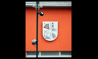 _12 – Das Wappen von Auersthal mit den Symbolen der für den Ort so wichtigen Ressourcen: Wein, Getreide, Öl und Gas.