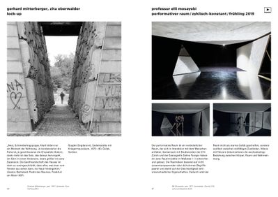 Doppelseite aus der Publikation mit den Beiträgen von Gerhard Mitterberger / Zita Oberwalder und Professur Elli Mosayebi