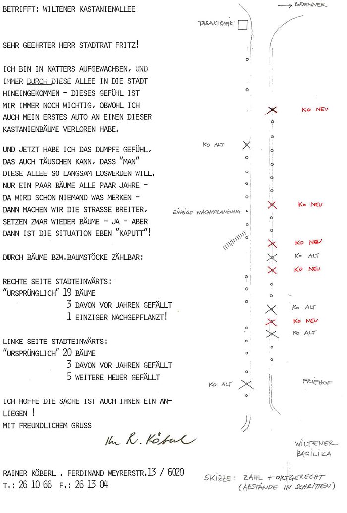 Schreiben und Skizze von Rainer Köberl, 2001