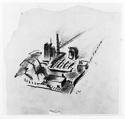 Lois Welzenbacher, Entwurfsskizze der Gesamtanlage des Adambräus mit Sudhaus, Kühlschiff, Betriebsgebäuden, Lagerräumen und Garten (undatiert);  Foto: Albertina, Wien