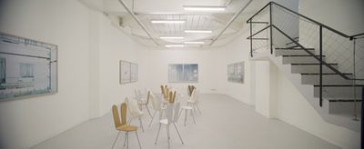 Blick in die Ausstellung mit "rabbit chairs" von SANAA und "Rohbauten 46", "Bildraum S 1", "Bildraum S 132" und "Bildraum S 106" von Walter Niedermayr