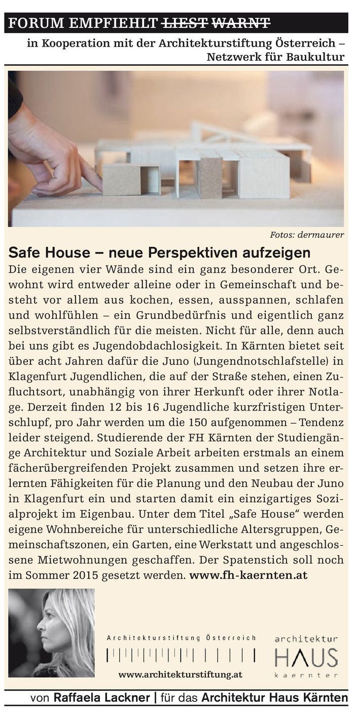 Bau-Forum empfiehlt_März 2015_Safe House – neue Perspektiven aufzeigen