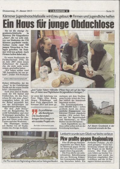 Kronen Zeitung_15.01.2015_" Ein Haus für junge Obdachlose"