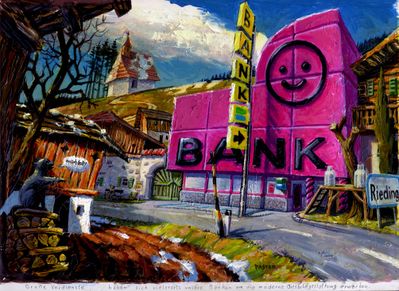 Thomas Paster, Modernes Ortsbild, 1997, Acryl / Mischtechnik auf Papier, 40 x 29,5 cm