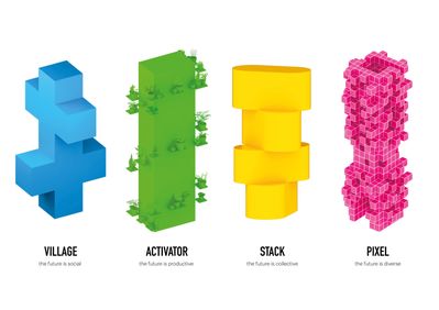 Ausstellungskonzept: Jeder dieser Türme verkörpert inhaltlich und formal ein zentrales Konzept der Ausstellung