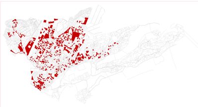 Baulandüberhang am Beispiel der Gemeinde Götzis in Vorarlberg. Die rot markierten Flächen stellen die Bauflächenreserven von Götzis dar – insgesamt 133 ha. (Stand 2017)
